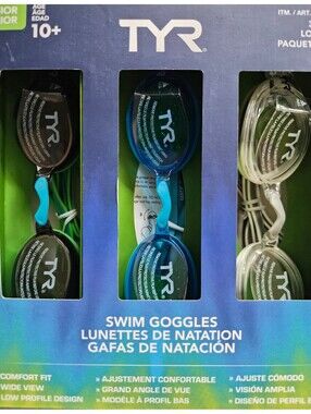 TYR Junior Swim Goggles Set of 3 - Black, Blue, and Clear